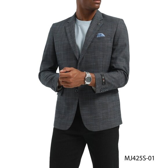 Grey Windowpane Notch Lapel Slim Fit Tazzio Men's Jacket - Picture 4 of 4